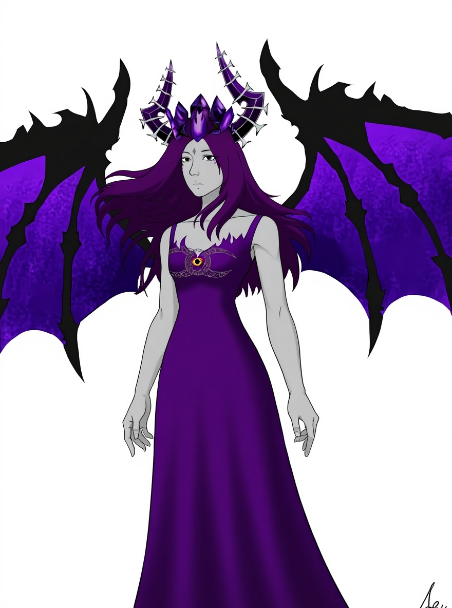 1girl, grey_skin, purple crystal crown on head, long purple dress, slim, mature, single character, full body, looking at viewer, anime style, simple background, white background