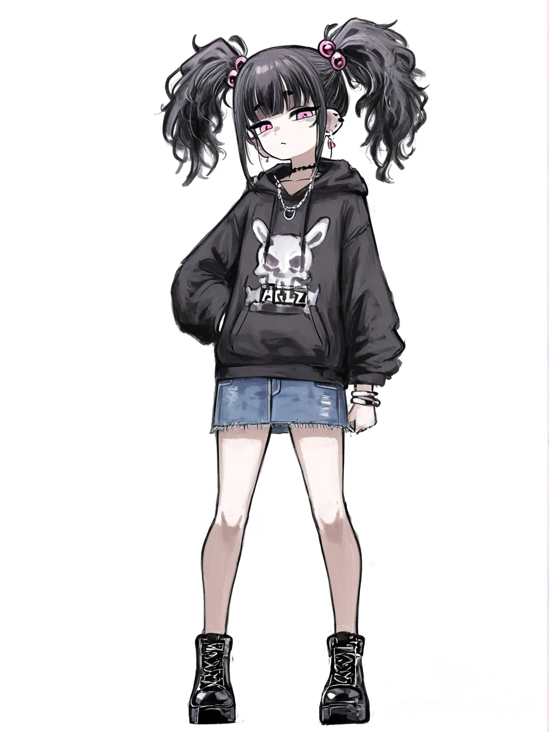 [sketchy-painterly-style] 1girl, petite, black hair, pigtails, pink eyes, fair skin, black hoodie, denim skirt, hair accessory, earrings, necklace, bracelet, single character, full body, looking at viewer, anime style, simple background, white background