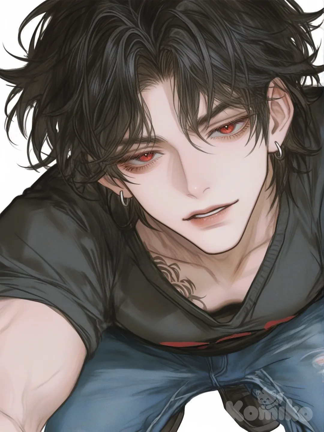 [semi-realistic-portrait-style] 1boy, mature male, muscular, tall, black_hair, red_eyes, scar, tattoo, fair_skin, t-shirt, jeans, earrings, pastel_colors, single character, full body, looking at viewer, anime style, simple background, white background