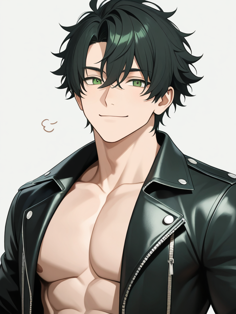 1boy, tall, lean, muscular, black_hair, green_eyes, chiseled_jawline, smoldering_gaze, leather_jacket, confident_posture, alluring_smile, solo, full_body, looking_at_viewer, anime_style, simple_background, white_background