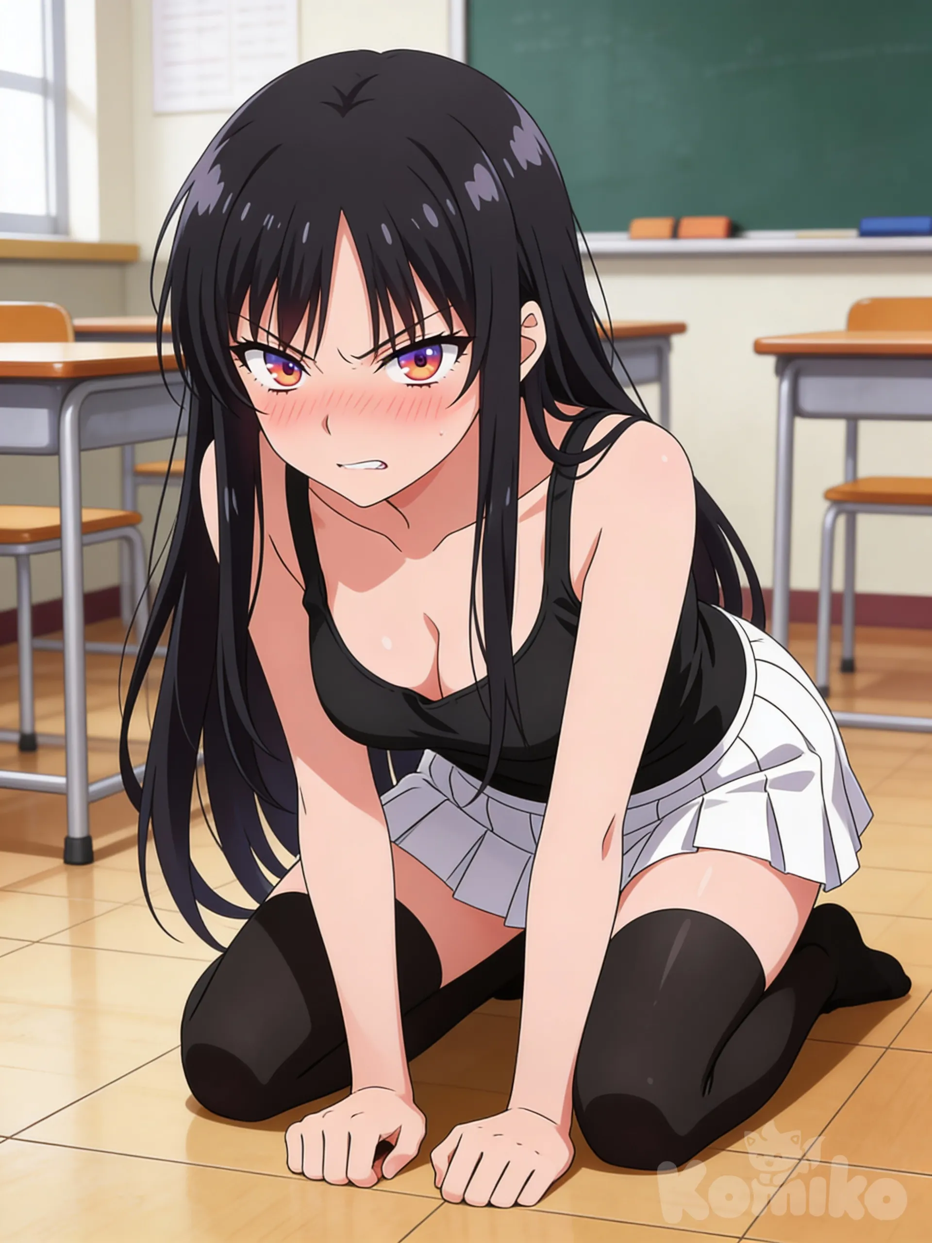 dogeza, blush, frown, angry, classroom