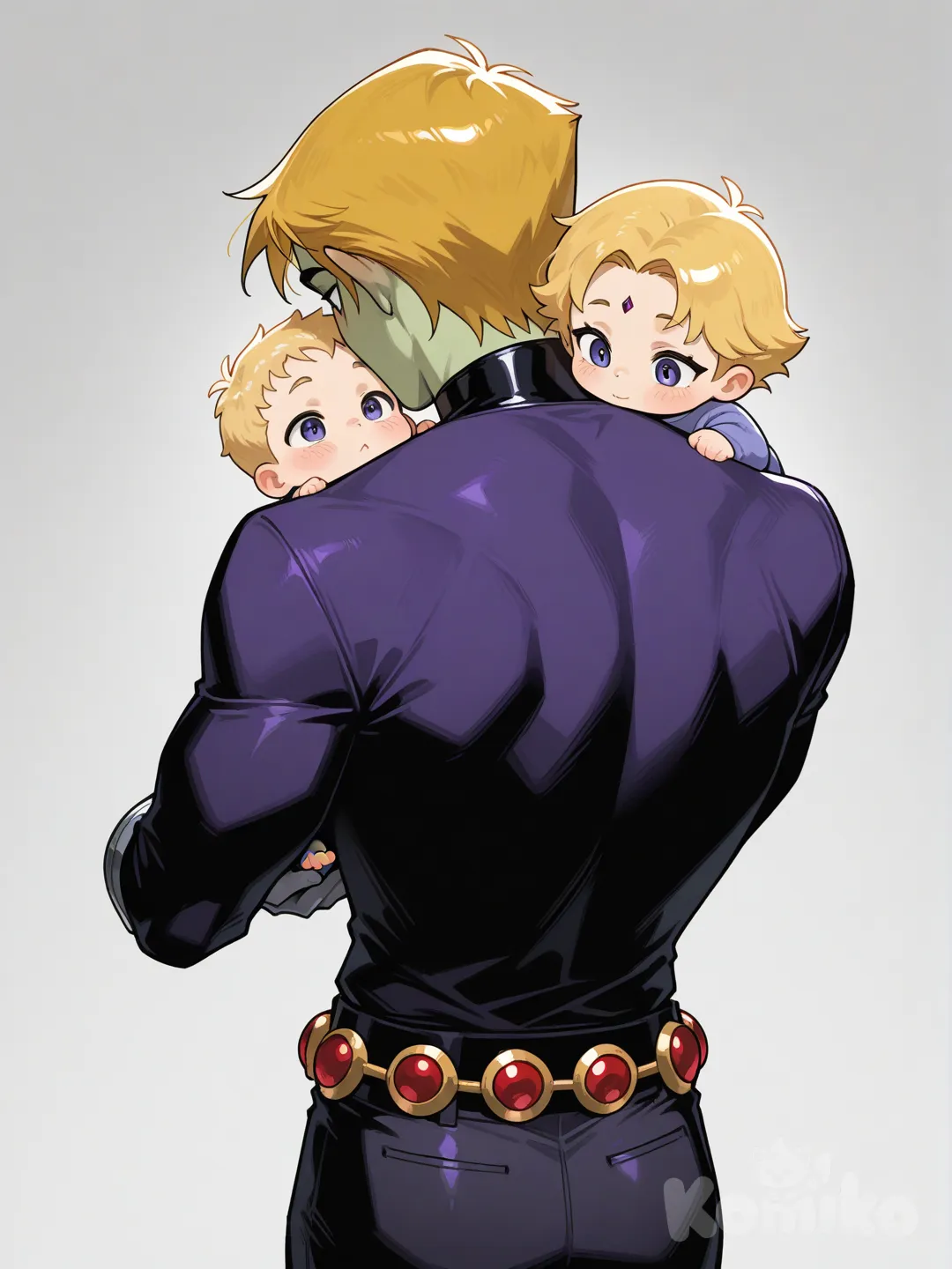 raven (dc), holding a blonde baby in their arms with beastboy looking over her shoulder