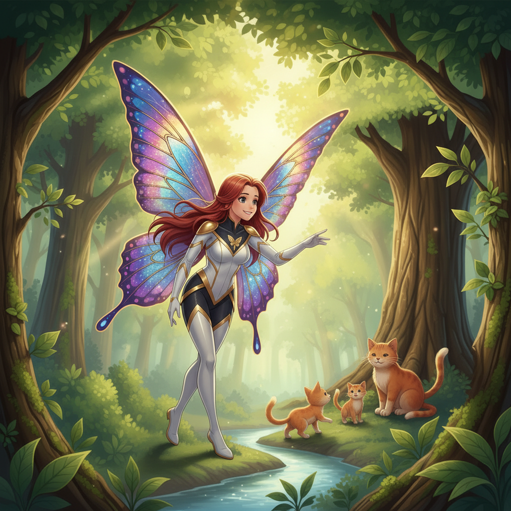 Super heroína L con alas de mariposa, rescata animales en peligro