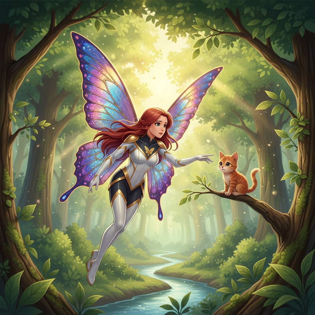 Super heroína L con alas de mariposa, rescata animales en peligro
