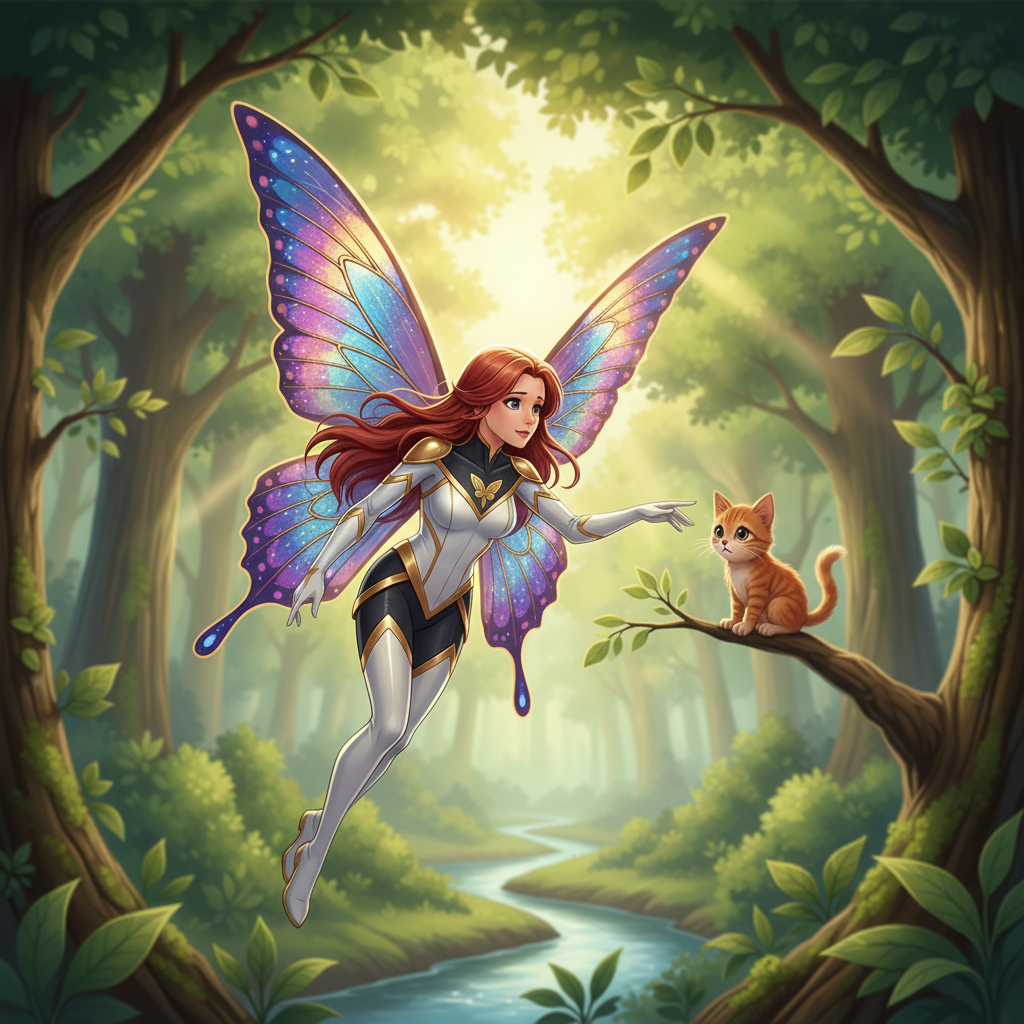 Super heroína L con alas de mariposa, rescata animales en peligro