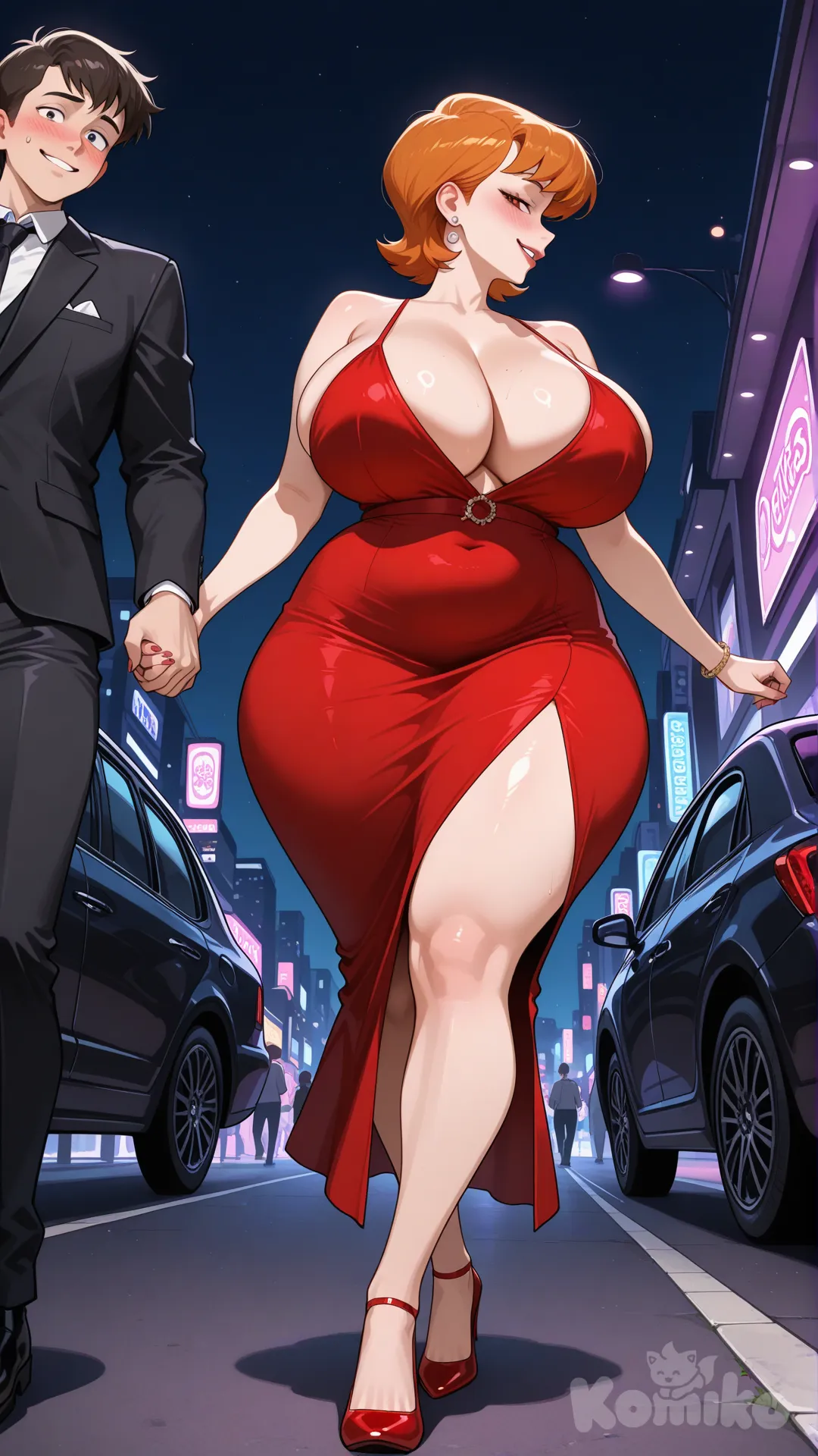 Dexter's mom ,Dexter's Laboratory, Dexter's Family ,cartoon network,cartoon, madre, madre, realistic boobs and big ass, hotwife,milf, mature female,big wide hips,chubby, short hair, cabello naranja,sin lentes,Dexter's mom usando en vestido seductor rojo saliendo del club tomada de la mano con ese hombre, caminando hacia un auto oscuro. Ella se gira y mira directo a la cámara, full body, blush, evil smile,nsfw, side profile photo, from below