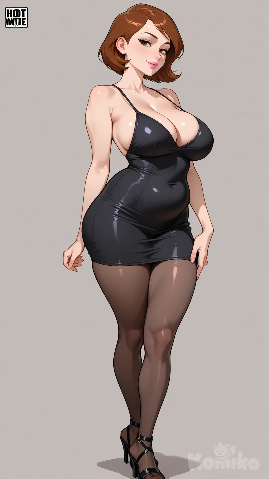 Helen Parr ,Los Increíbles ,disney,Pixar Studios ,madre, madre, realistic boobs and big ass, hotwife,milf, mature female,big wide hips, short hair, labios rosados, cabello castaño rojizo, ojos marrones,sin lentes,a few pounds extra,Helen se mantenía erguida y segura, admirando su reflejo con un vestido negro brillante y sin espalda que ceñía sus curvas como una segunda piel. El vestido estaba bajo, dejando ver un escote considerable, y el bajo era corto, terminando muy por encima de las rodillas. Llevaba medias negras transparentes y sandalias de tacón con tiras que hacían que sus ya impresionantes piernas parecieran aún más largas y tonificadas,posada de forma sugerente, con la espalda arqueada para resaltar sus curvas en ese vestido ajustado y escotado