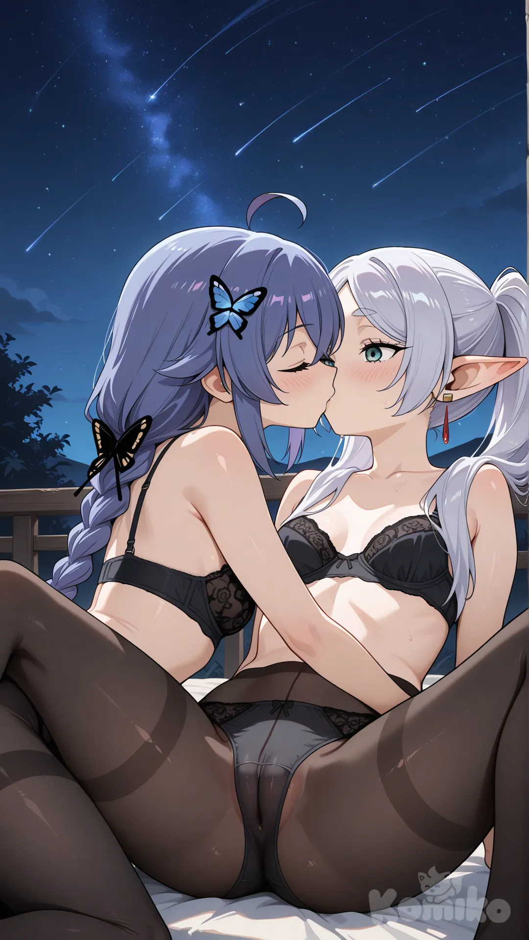 Hentai, night sky, spread legs, butterfly hair ornament, roxy migurdia, frieren, underwear only, cameltoe, kissing, black pantyhose, black bra