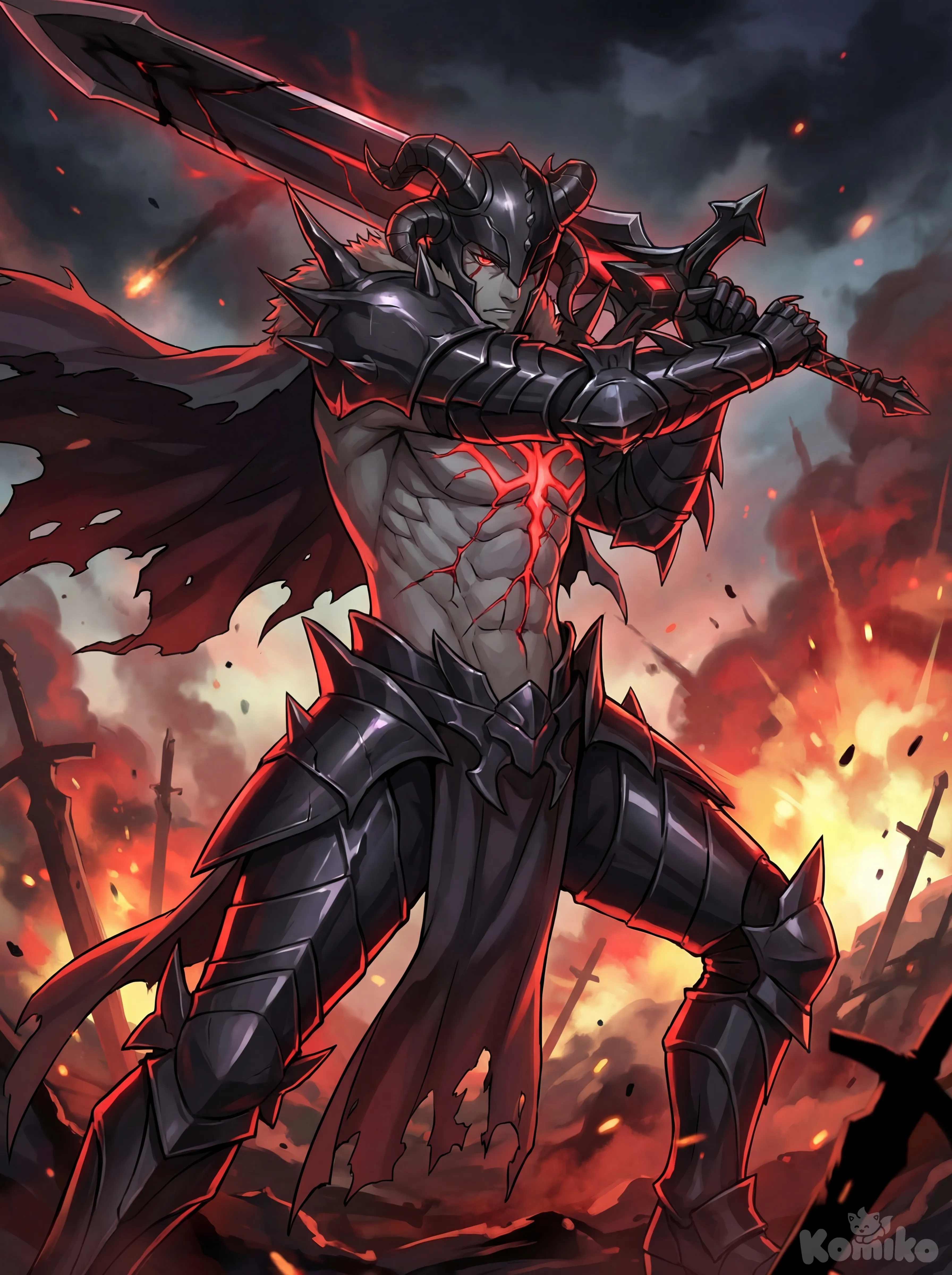 Based on the artistic style of anime, he creates a character, recreating Siegfried Alter (Fate), wearing black armor with his chest exposed and a red mark on his chest, a corrupted appearance with grayish skin, wielding a black sword in his hand, epic pose, epic and dynamic scene