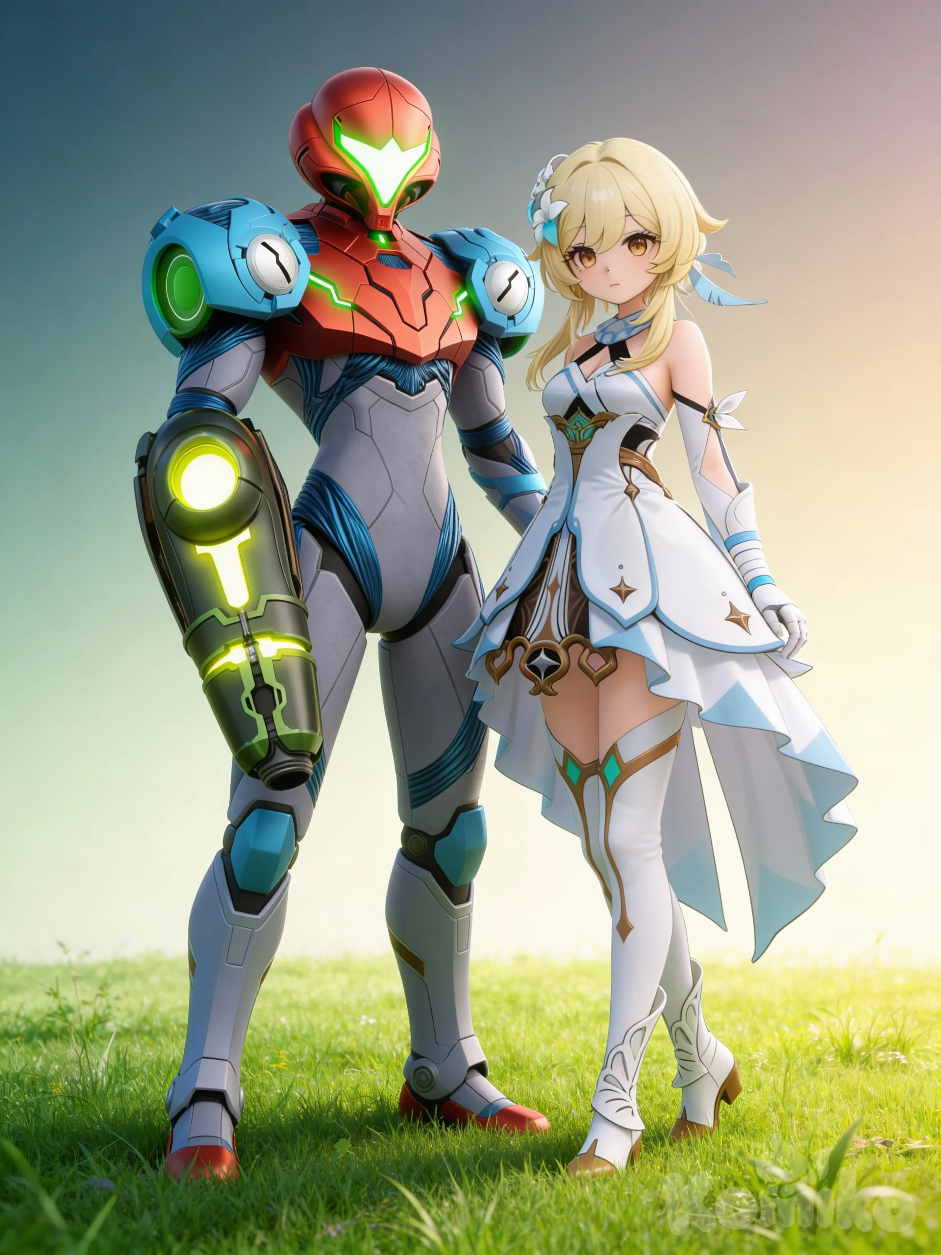 @samus-aran-jLmq, gradient background, @Lumine_(Genshin_Impact), gathering together, grassland, ambient light, full body
