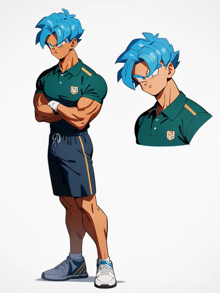 1boy, Dragon Ball style, original character, mature, athletic, blue hair, short hair, brown eyes, tan skin, polo shirt, single character, full body, looking at viewer, anime style, simple background, white background
