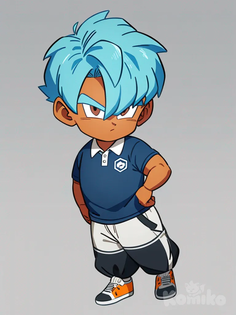 1boy, Dragon Ball style, original character, mature, athletic, blue hair, short hair, brown eyes, tan skin, polo shirt, single character, full body, looking at viewer, anime style, simple background, white background