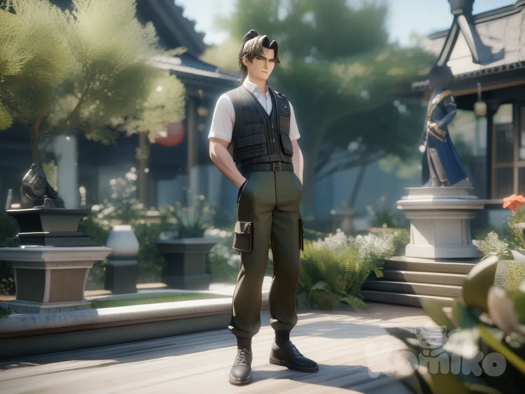 1boy, Chong Yue (Arks), 3d, hands in pockets, knitted vest, cargo pants, school uniform, studs, crown, high ponytail, navy blue, full body, day, garden