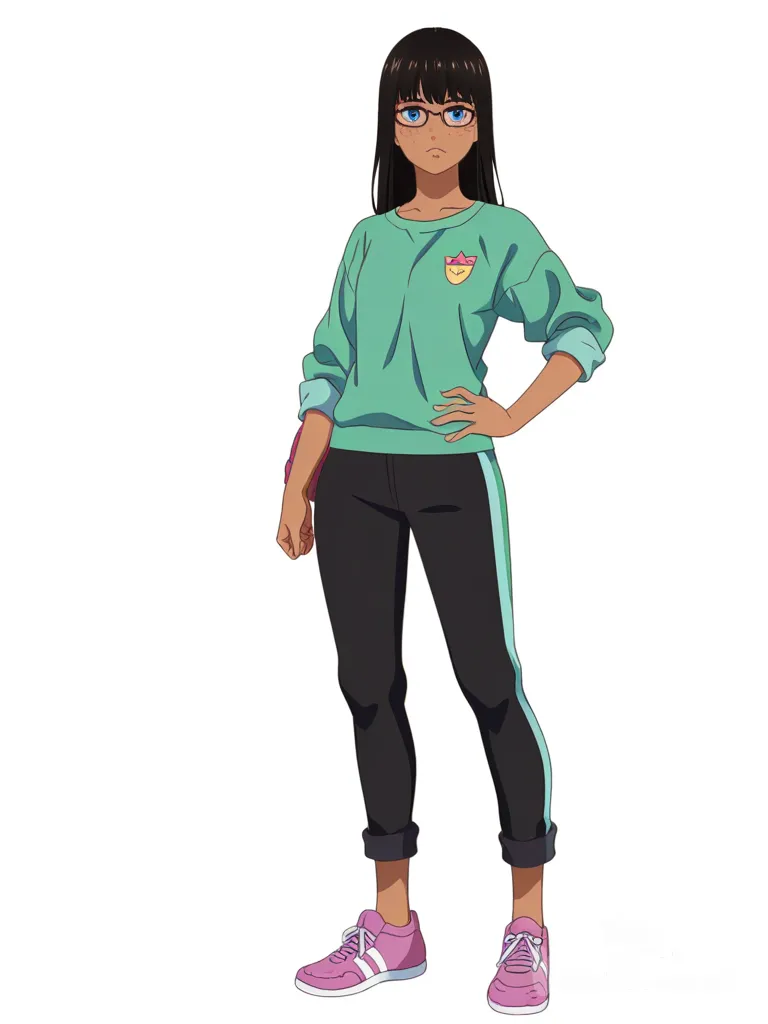 [pop-anime-style] 1girl, realistic, teenager, athletic, straight hair, blue eyes, freckles, tan skin, glasses, single character, full body, looking at viewer, anime style, simple background, white background