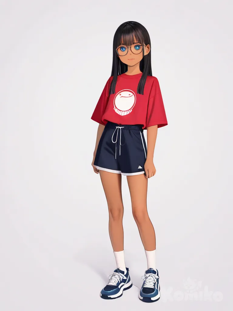 1girl, realistic, teenager, athletic, straight hair, blue eyes, freckles, tan skin, glasses, single character, full body, looking at viewer, anime style, simple background, white background