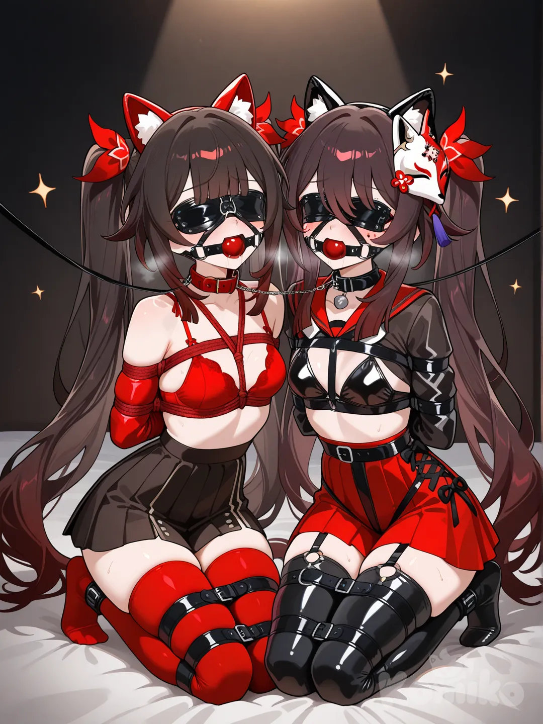 sparkle_(honkai:_star_rail), hu tao (genshin impact), human_dog, ball gag, bdsm, bondage_mittens, crimson-black pleated skirt, crimson-black sports bra, animal_collar, leash, leash pull, bound together, no shoes, thighhighs, bitchsuit, fake animal ears, muzzle_gag, black blindfold, bondage, restrained
