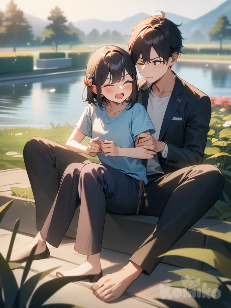 Two couples on Vacation in a park across the lake