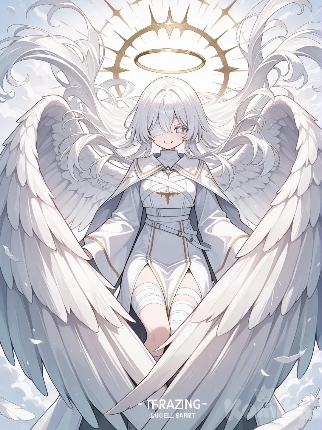 angel, bandaged eyes, smile, big wings