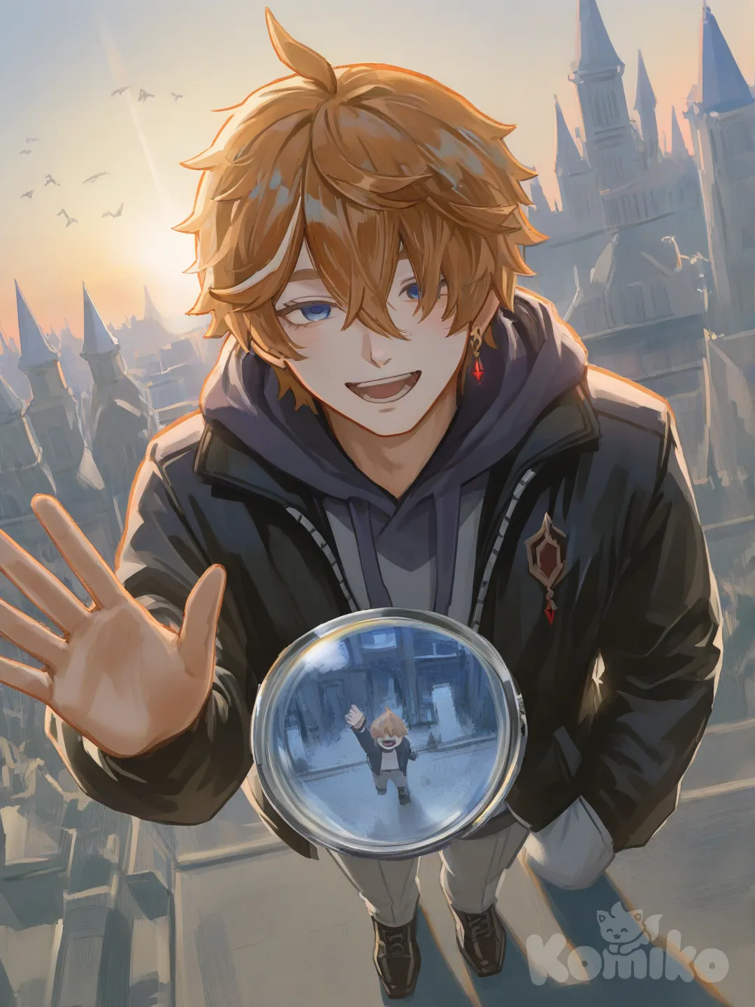 [radiant-coating-style], waving, hoodie, varsity jacket, bird's-eye view, panoramic lens, castle, @Tartaglia_(Genshin_Impact)