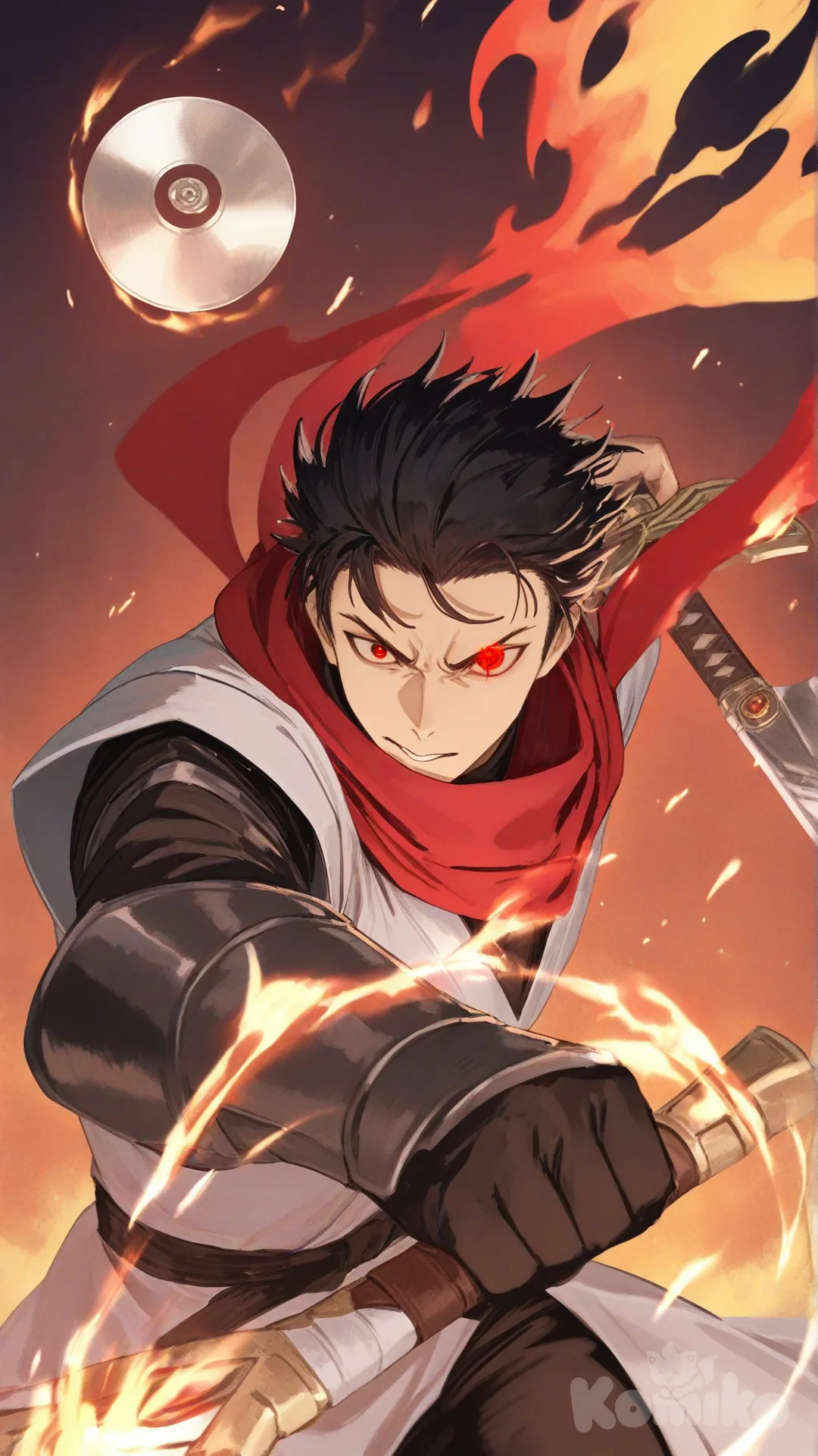 1boy,White clothes, scarf, red combination ,fire, power, floating scarf, Circle disc sword, slash effect, black hair, fire eye, speed effect, [serious-man-style]
