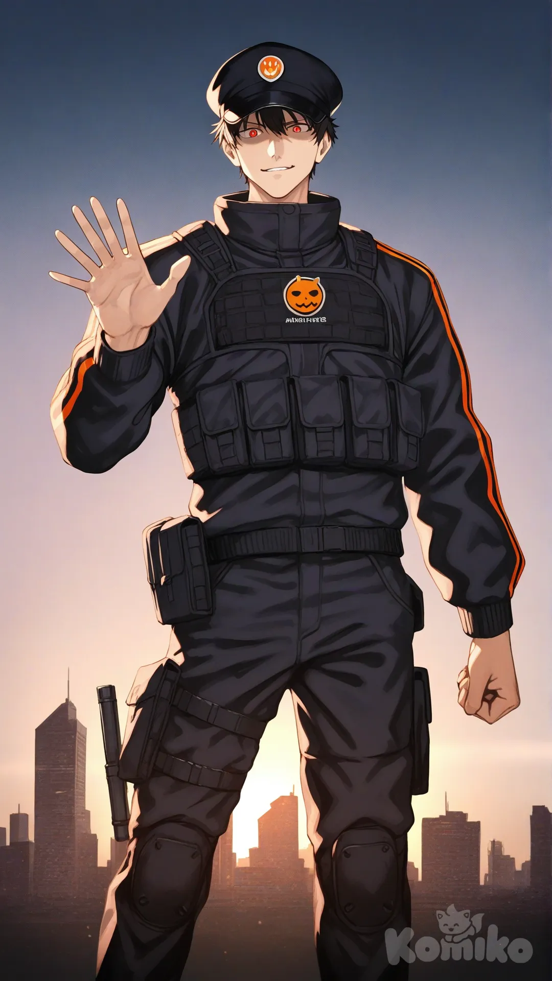 "A high-quality shounen anime character design. A cool young hero wearing a snapback cap, tactical streetwear jacket, and cargo pants. He is levitating in the air (floating pose). Flanking him are two MASSIVE FLOATING MECHA FISTS. These fists are pure ORANGE HOLOGRAMS. They are translucent, glowing neon orange, with sci-fi cybernetic details, wireframe structures, and digital data particles. No stone, no rocks. The aesthetic is high-tech and futuristic. Anime art style, vibrant coloring, dynamic lighting, cel-shaded, simple atmospheric background.", [serious-man-style], waving, medium long shot, bird's-eye view, cinematic lighting, skyscraper, smirk