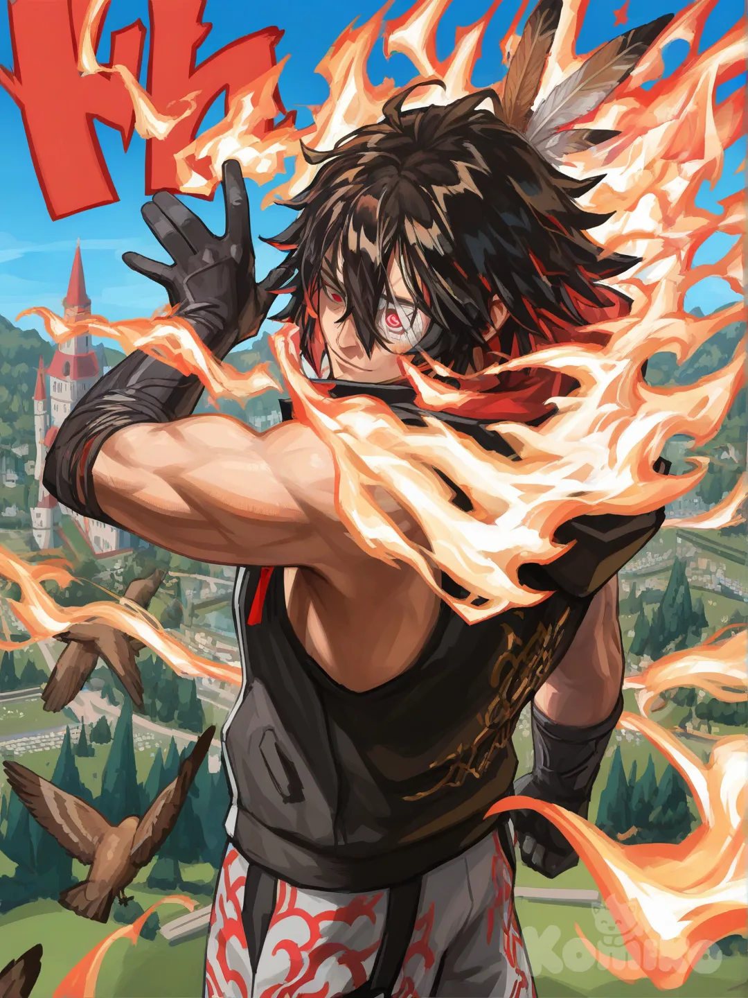1boy,cap,eyepath , black gloves, two-tone hair, black hair, fire hire, jacket,Brown bird feather collar, white red, sleeveless shirt, biceps, fire pattern shirt, and, red eye, hooded jacket, white fire pattern pants, [radiant-coating-style], waving, eye patch, bird's-eye view, castle, park, blue sky