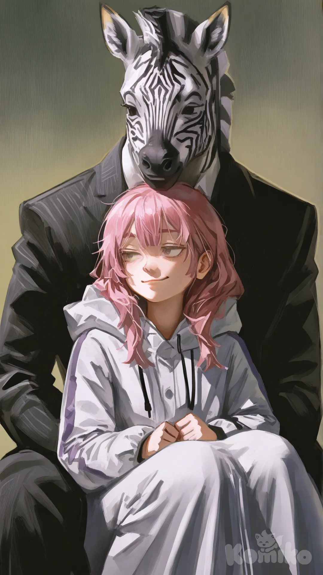 [radiant-coating-style], varsity jacket, zebra print, charcoal black, looking away, smirk, sitting on lap, side part, gradient, sherpa, suit, raincoat