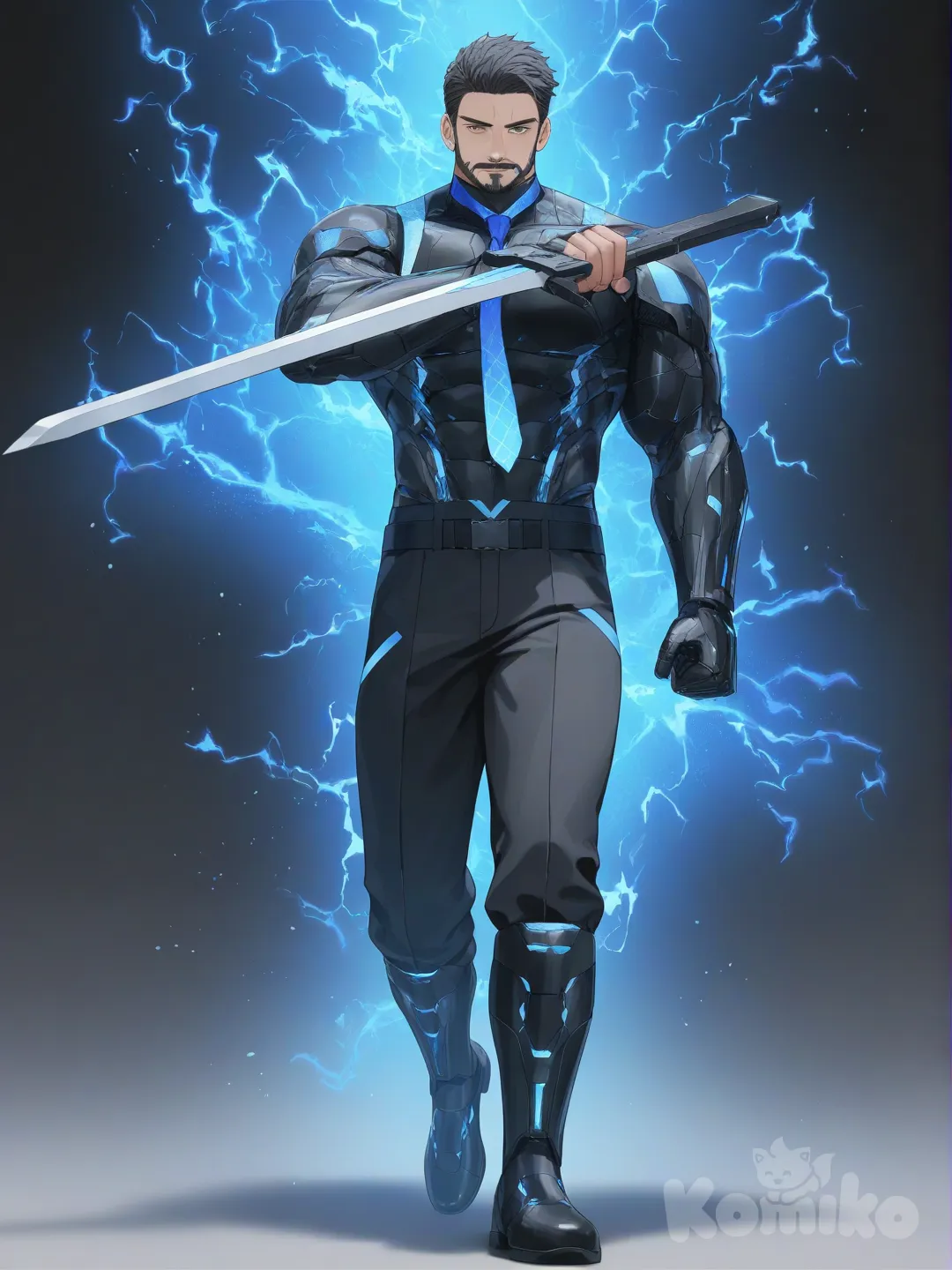 1boy,man, muscular,beard, [soft-pastel-style], holding sword, technology skill,thunder,ABS, clothes, chest,Tie,Hd,3d,1boy, hyper realism man, hyper realistic skin texture