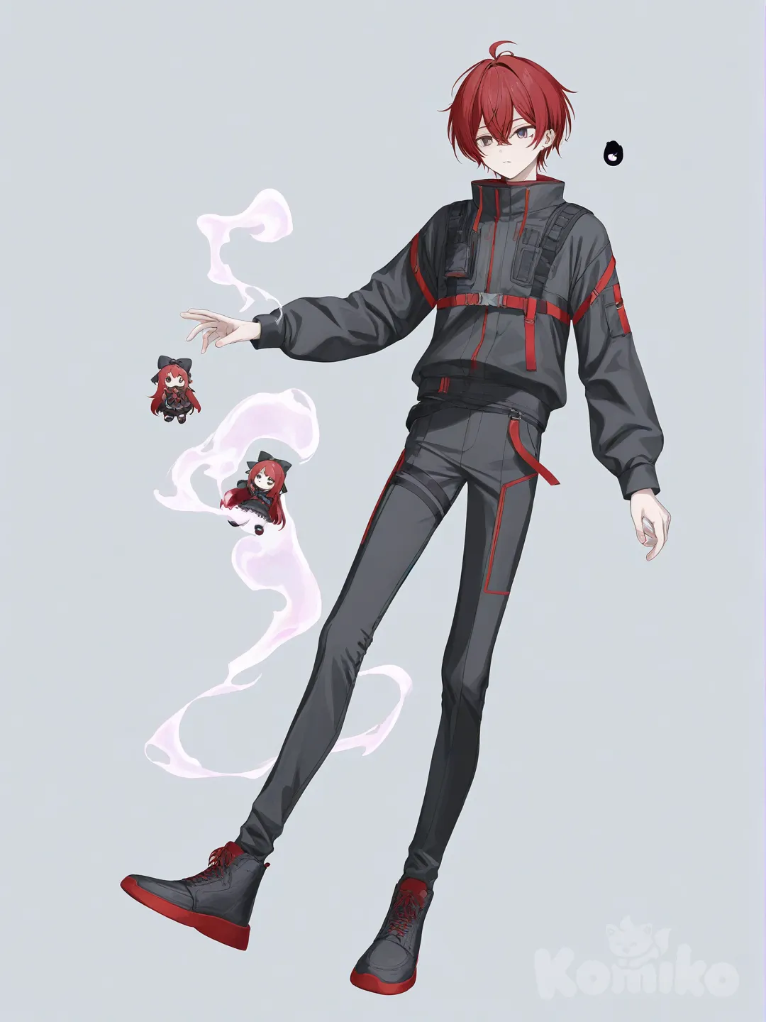 red hair, two tune hair, elemen tal, power, full body simple background, [soft-pastel-style], 1boy, futuristic outfit, floating shoot,Exorcism, holding Witchcraft doll, ghost effect