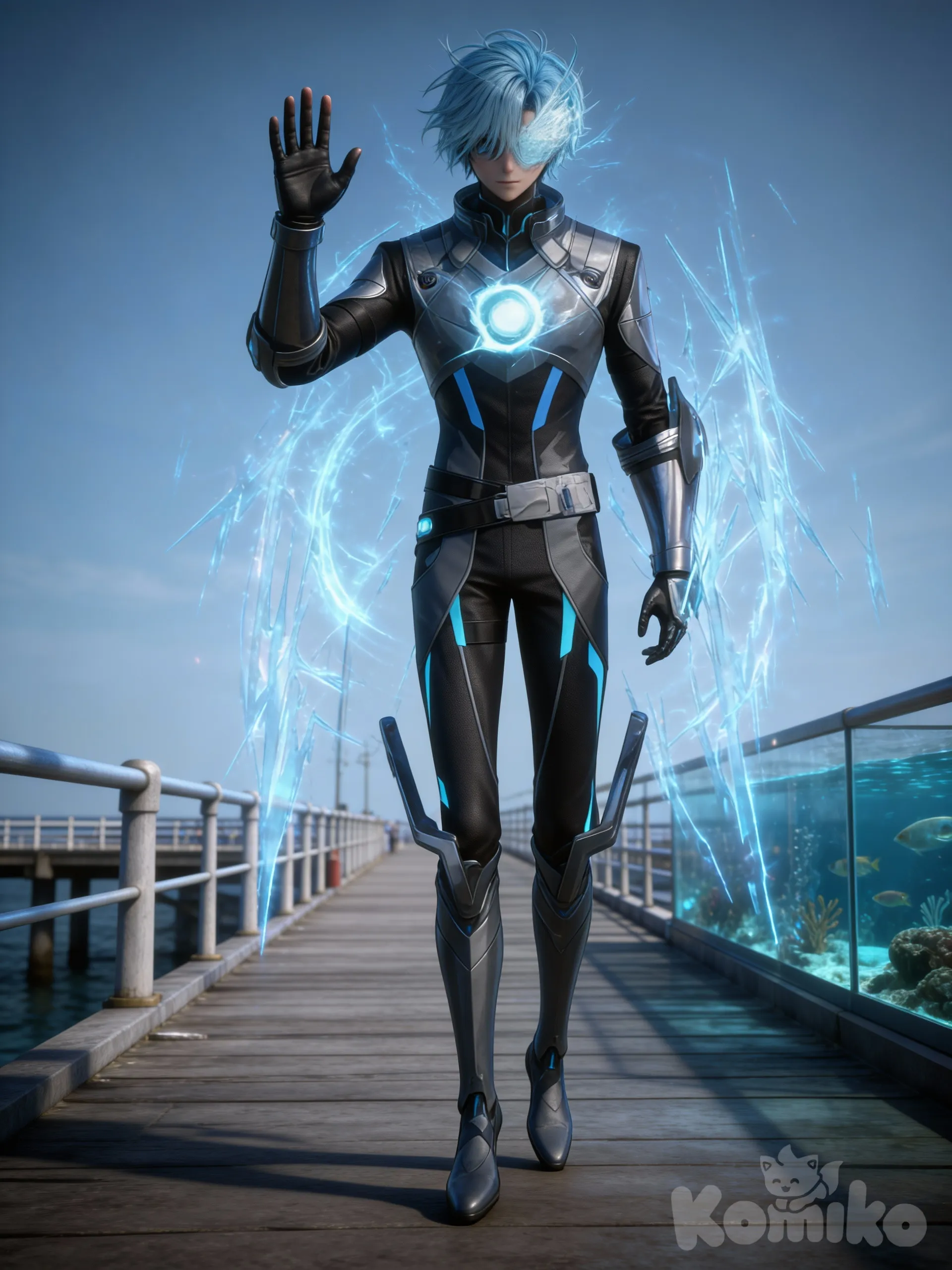 @elias-volt-N83P, waving, upper body, pier, aquariumHd,3d,1boy, hyper realism man, hyper realistic skin texture,pose ultimate skill, ultimate skill