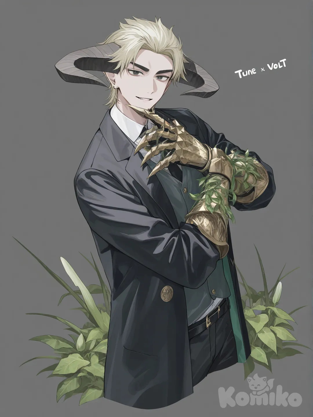 1boy, man,horn, jacket, gauntlet claw wood, elemental plant, two tune hair, elias-volt-N83Psimple background, [soft-pastel-style]