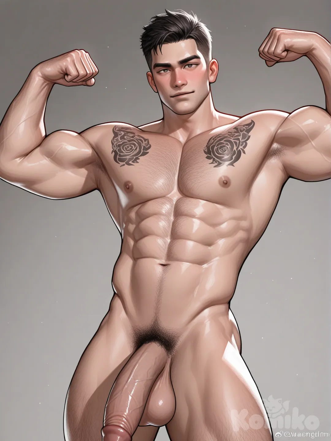 Hd,3d,1boy, hyper realism man, hyper realistic skin texture,handsome,body ,40+,veyni detail,standing,bulg,biceps,strange, lighting good,best pose,best low angle,(Semi-realistic style:1),look at viewer,large size chest, (absurdres:1.2), depth of field,1man, wengwengchim and kidmo style, bara, male focus, muscular, muscular male,dramatic lighting, grey background ,chest hair,pubic hair,hairy,1boy, solo, tattoo, male_focus, bara, flexing cock,muscular_male, muscular