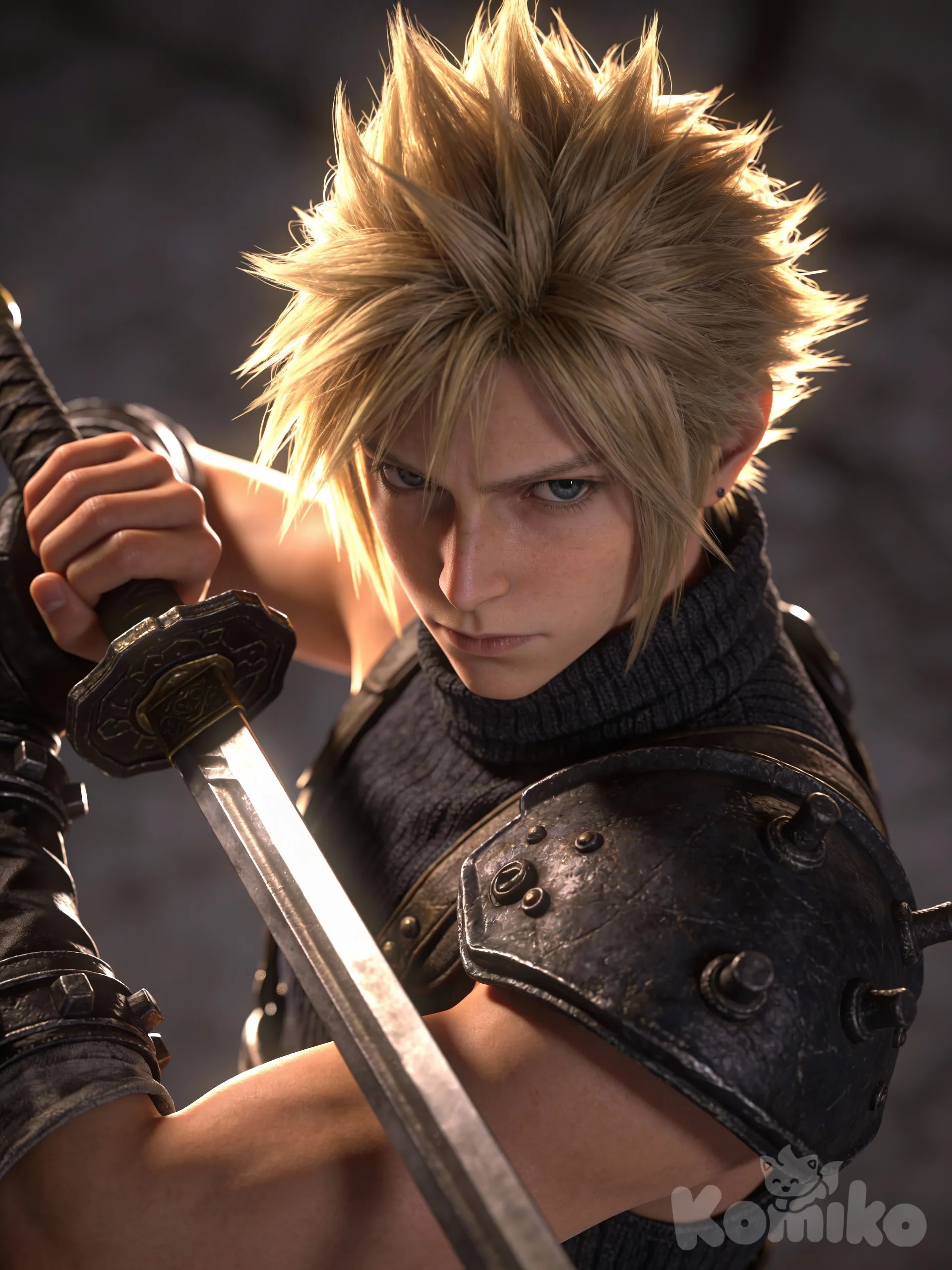 Hd,3d,1boy, hyper realism man, hyper realistic skin texture, holding sword, backlight, upper body, blonde hair, spiky hair,@zephyr-kai-Pq3