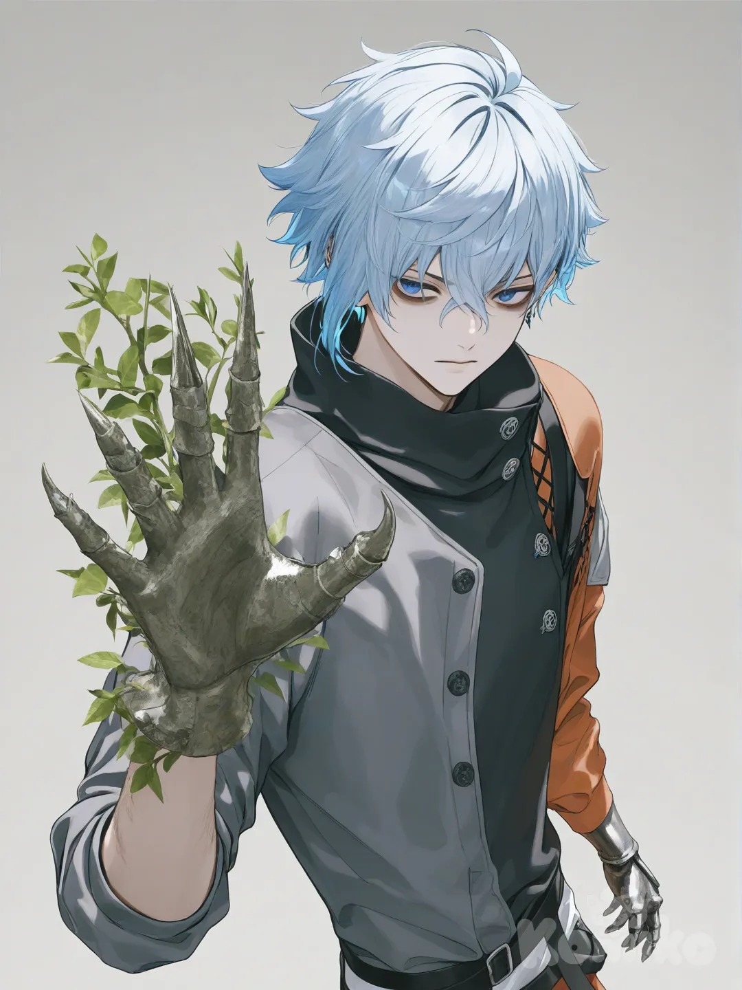 Kadoc Zemlupus,Hd,3d,1boy, hyper realism man, hyper realistic skin texture, waving, looking away, bird's-eye view, side light, floating hair, 1boy, man,horn, jacket, gauntlet claw wood, elemental plant, two tune hair, simple background, [soft-pastel-style], blue hair,band, blue eyes