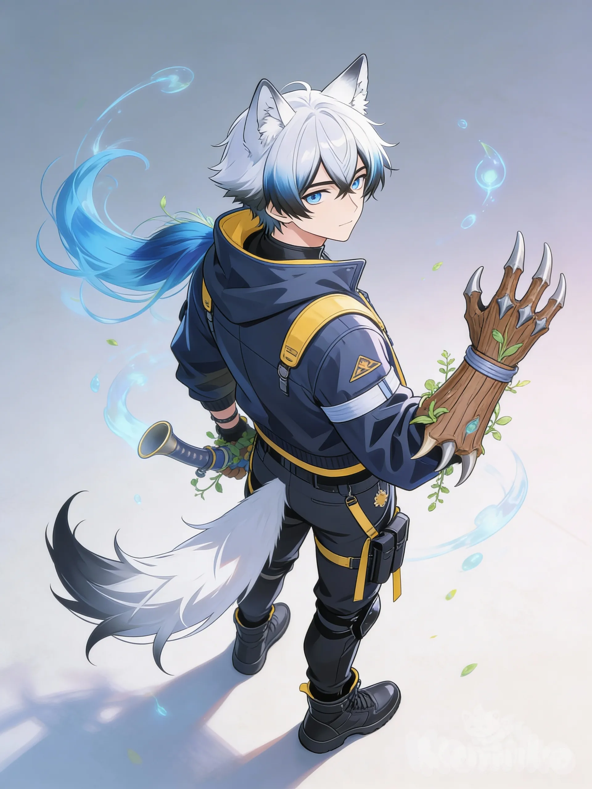 Hd,3d,1boy, hyper realism man, hyper realistic skin texture, waving, looking away, bird's-eye view, side light, floating hair, 1boy, man,horn, jacket, gauntlet claw wood, elemental plant, two tune hair, simple background, [soft-pastel-style], blue hair,band, blue eyes, @zephyr-voss-wZif