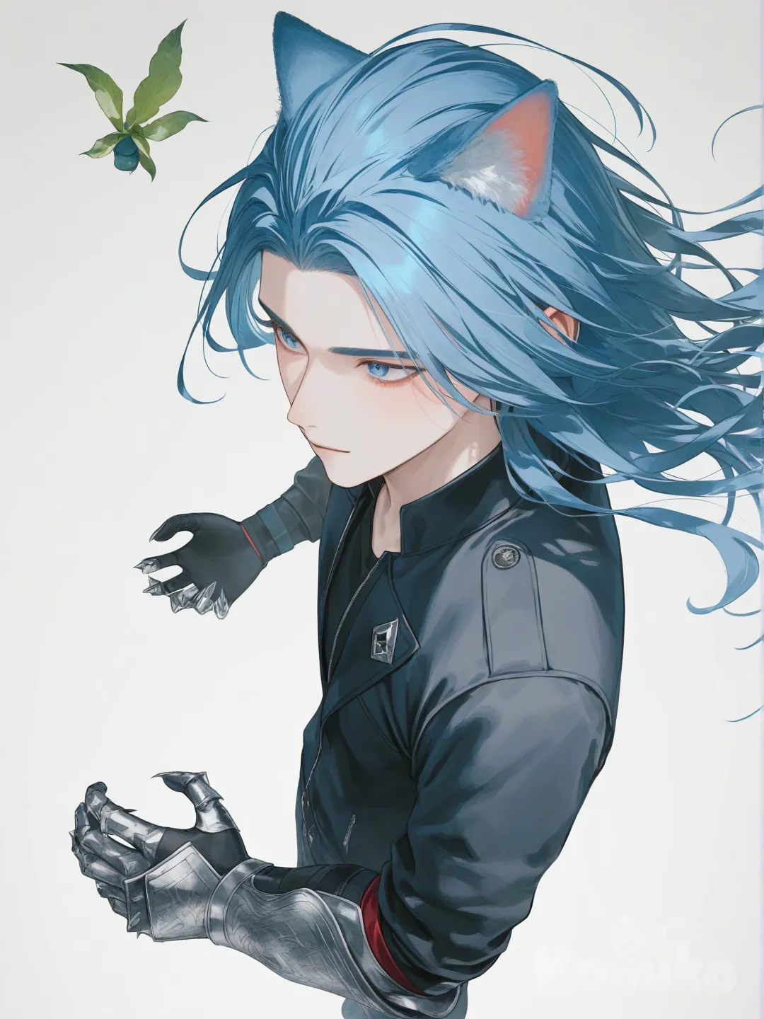 Thor kai,Hd,3d,1boy, hyper realism man, hyper realistic skin texture, waving, looking away, bird's-eye view, side light, floating hair, 1boy, man,animal ear, jacket, gauntlet claw wood, elemental plant, two tune hair, simple background, [soft-pastel-style], blue hair,band, blue eyes