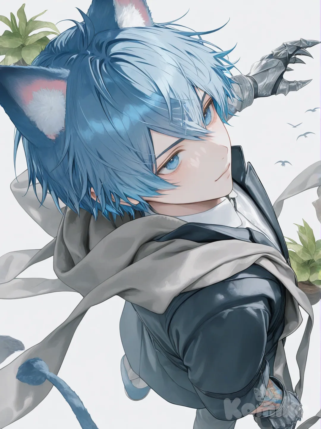 Thor kai,Hd,3d,1boy, hyper realism man, hyper realistic skin texture, waving, looking away, bird's-eye view, side light, floating hair, 1boy, man,animal ear, jacket, gauntlet claw wood, elemental plant, two tune hair, simple background, [soft-pastel-style], blue hair,band, blue eyes