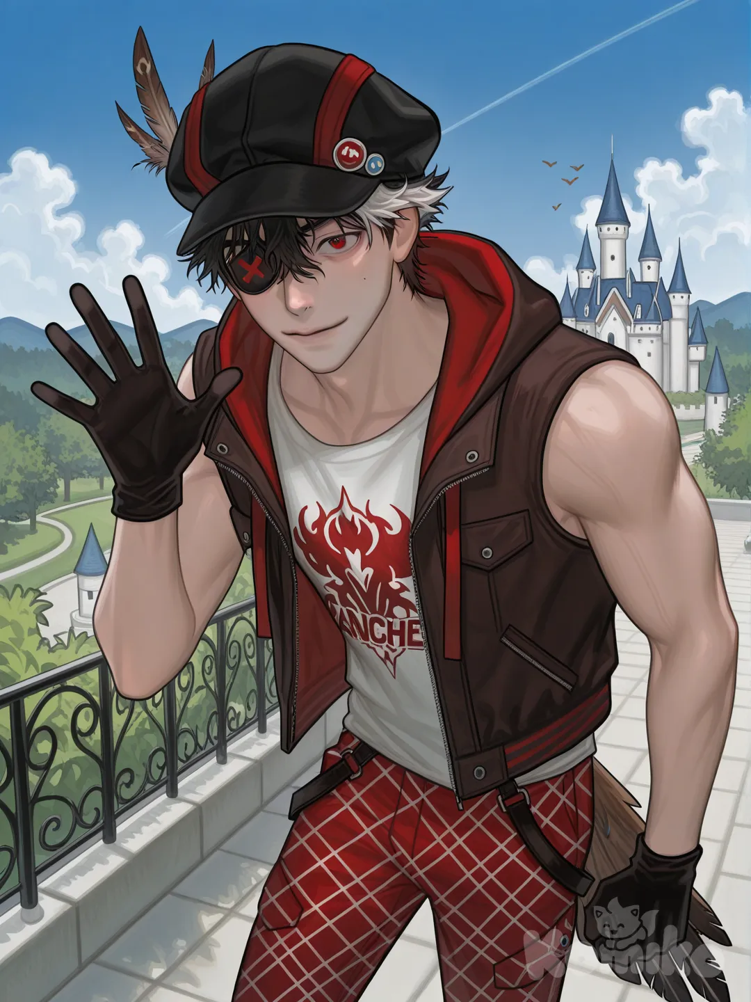 1boy,cap,eyepath , black gloves, two-tone hair, black hair, fire hire, jacket,Brown bird feather collar, white red, sleeveless shirt, biceps, fire pattern shirt, and, red eye, hooded jacket, white fire pattern pants, waving, eye patch, bird's-eye view, castle, park, blue sky, [digital-painterly-style]