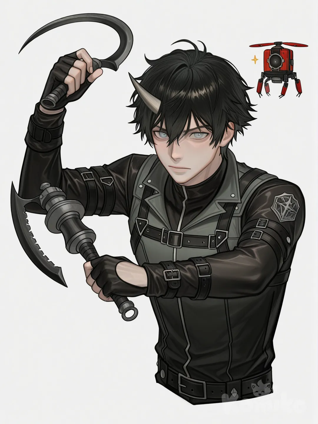 1boy, holding Sickle ,floating,one horn,ice plasma skill,drone Hunter, skills, hair Messy, fantasy outfit, action pose Simple background , upper body, looking at viewer , simple background, god eater

Tools, [digital-painterly-style]
