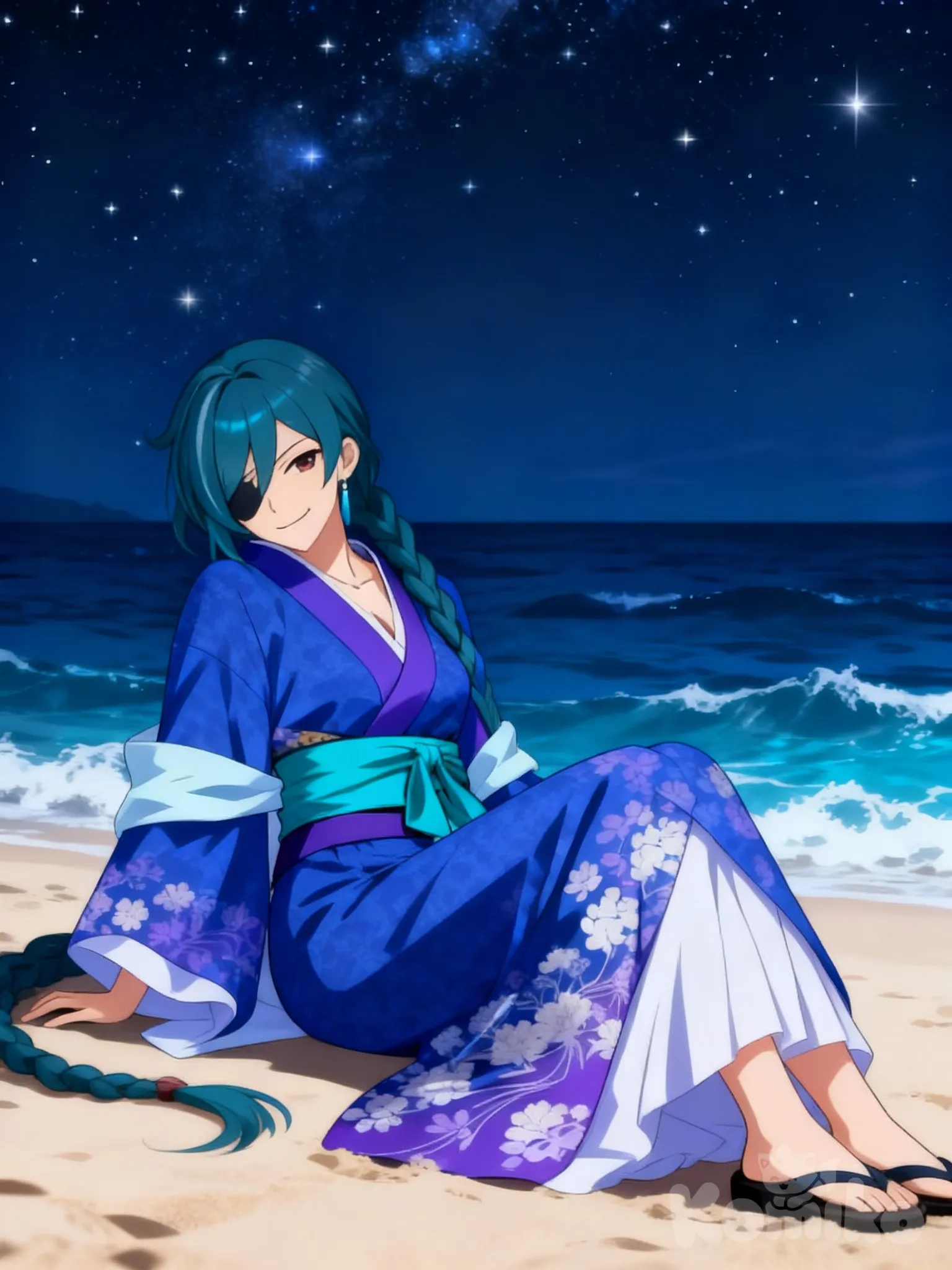 No eye patch, long braid, smirk, slouching and sitting on sand