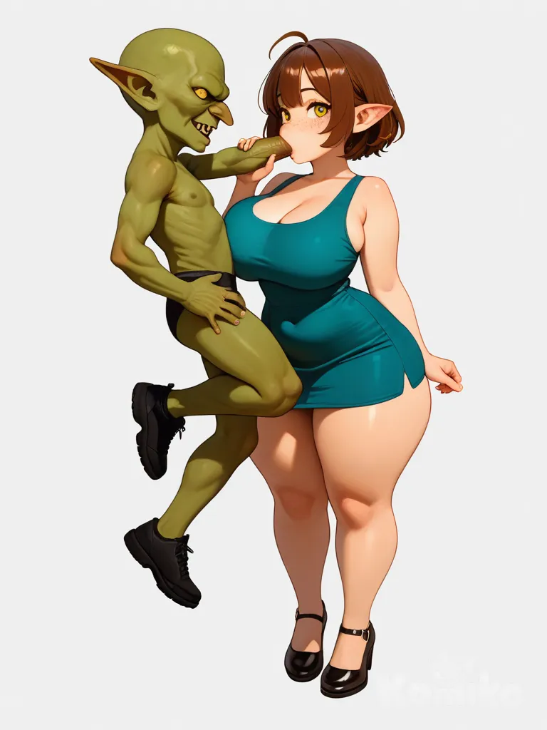 1girl, 1boy, goblin, tan skin, freckles, short hair, brown hair, yellow eyes, large breasts, curvy, thick thighs, wide hips, stocky, pointy ears, sleeveless dress, teal dress, cleavage, black shoes, fellatio, single character, full body, looking at viewer, anime style, simple background, white background