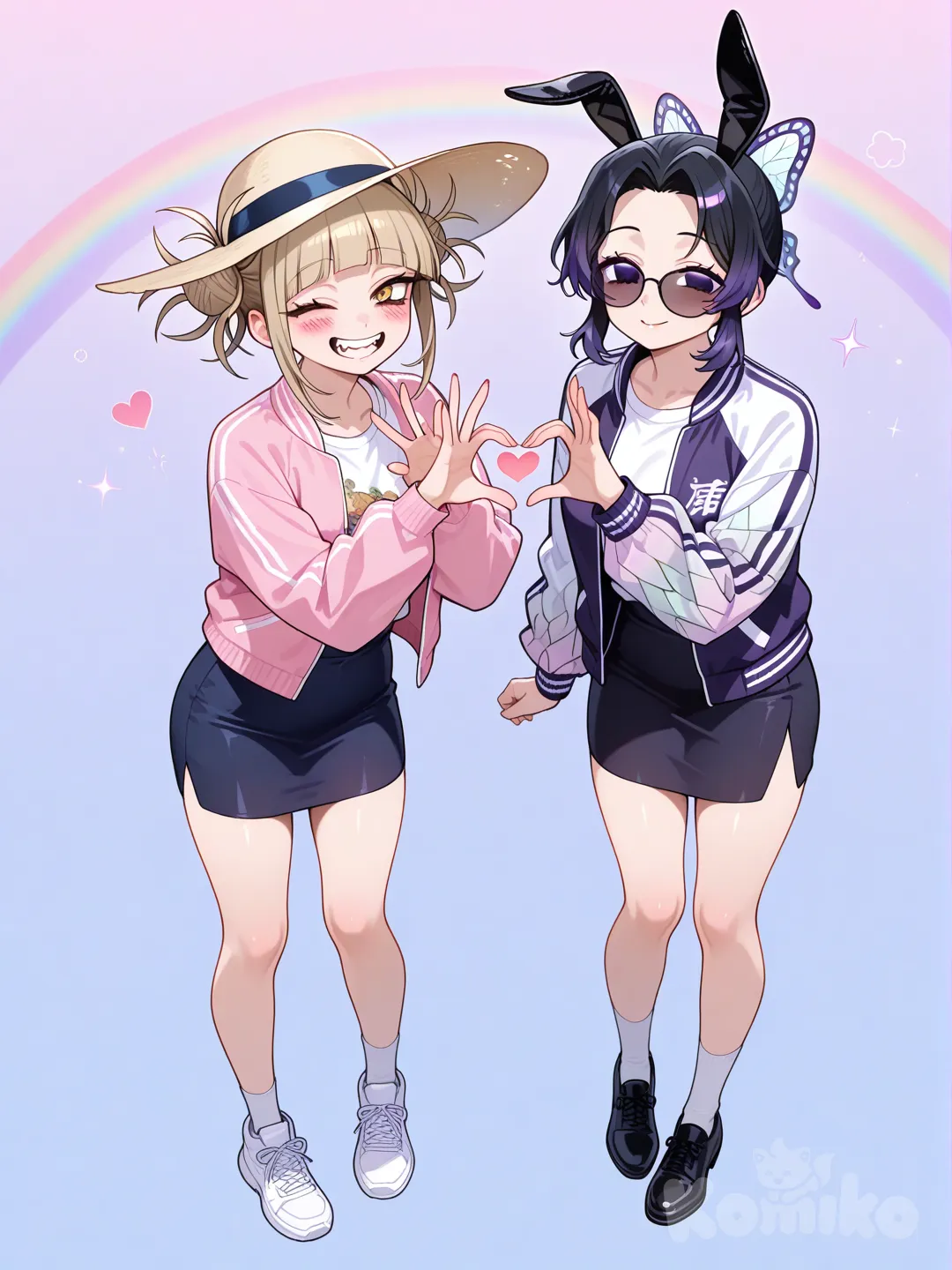 from above, t-shirt, varsity jacket, pencil skirt, sun hat, sunglasses, rabbit ears, high ponytail, rainbow, full body, side light, clean background, closeup, blush, heart hands, 2people, one eye closed, @Kochou_Shinobu, @Toga_Himiko