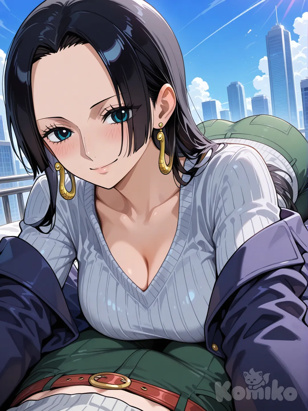 @Nico_Robin, @Boa_Hancock, lie on stomache, 2people, blush, smile,Blazer: A dark, possibly navy or black, blazer or jacket is worn over the top.
Top: An off-the-shoulder, ribbed grey top or sweater is worn underneath the blazer.
Trousers: Dark green or olive-colored trousers complete the look.
Accessories: A simple gold earring is visible on her right ear., blue sky, skyscraper, backlight, panoramic lens, closeup