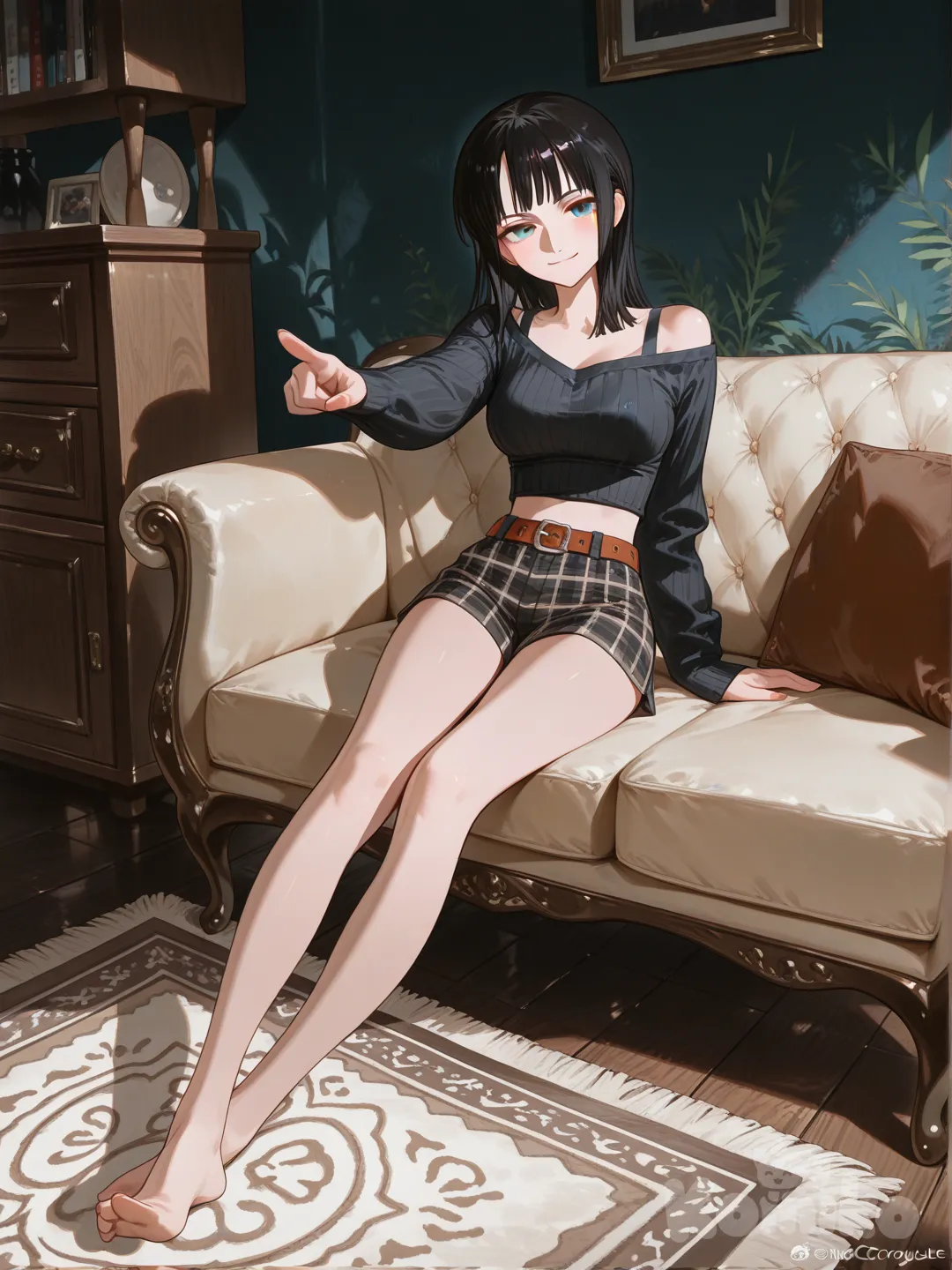 [high-gloss-illustration-style], @Nico_Robin, smile, pointing at viewer, grey, off-the-shoulder, long-sleeved crop top and dark grey or blue plaid shorts with a belt., indoor setting with several distinct elements.
Couch: A large, light-colored (beige or tan) couch is positioned behind the girl, with the backrest and a portion of the seat visible.
Furniture: To the left of the couch, there is a dark wooden piece of furniture, possibly a low shelf or cabinet, with a few indistinct items stacked on top.
Flooring/Rug: The girl is sitting on a floor covered by a textured or patterned rug.
Lighting: The scene is dimly lit, creating a cozy evening atmosphere, with some light sources visible in the upper left corner., closeup, full body, ambient light, night