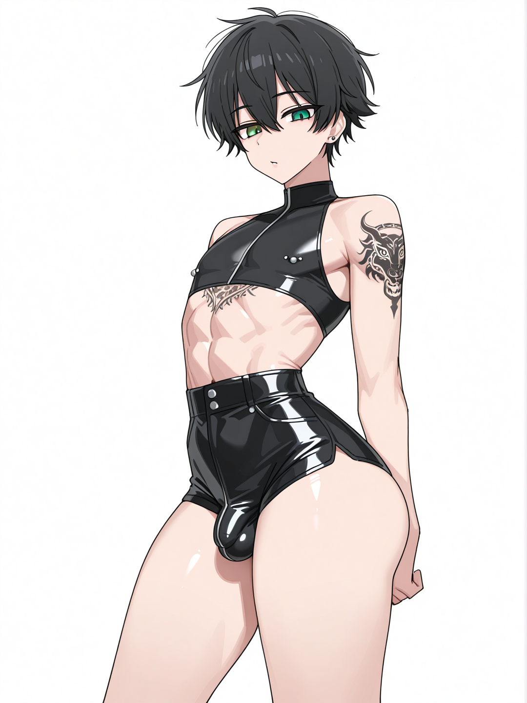 [toon-shaded-style] 1boy, solo, feminine male, black_hair, hair_between_eyes, heterochromia, blue_eyes, brown_eyes, green_eyes, plump_lips, pink_lips, pierced_nipples, tattoo, fox_tattoo, narrow_shoulders, narrow_waist, flat_stomach, abs, wide_hips, large_thighs, large_ass, long_legs, small_penis, testicles, penis_bulge, shorts, leather_shorts, high-waist_shorts, short_shorts, crop_top, leather_crop_top, thin_straps, toned_chest, single_character, full_body, looking_at_viewer, anime_style, simple_background, white_background