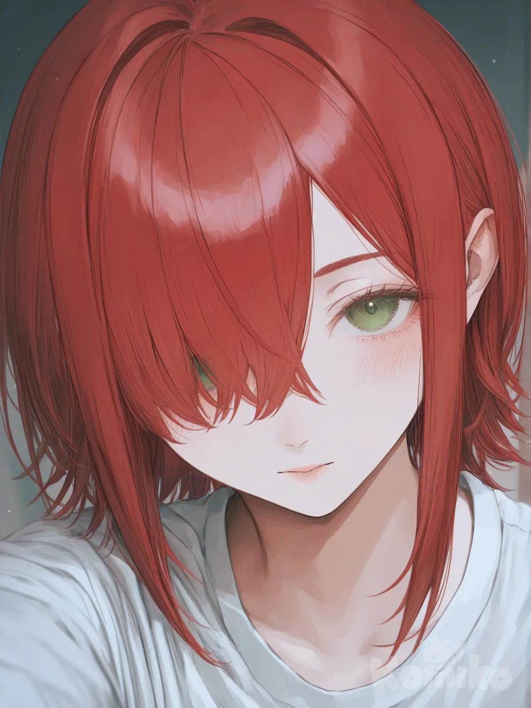 Anime girl, cabello corto y color rojo, ojos verdes,