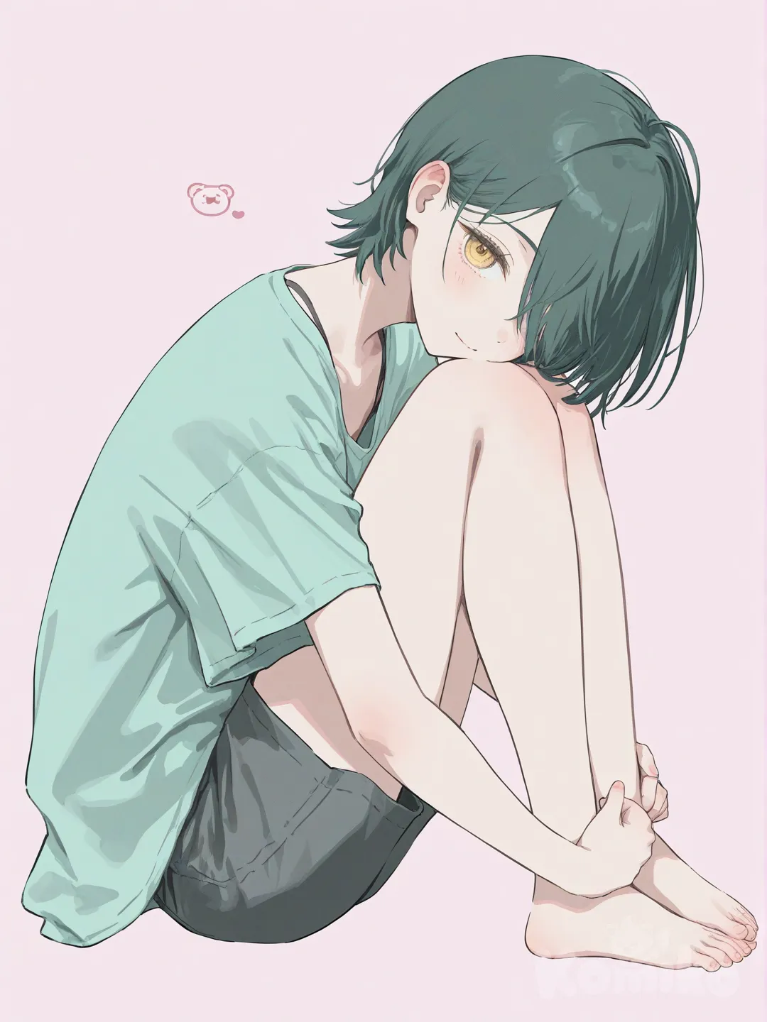 Cabello, verde cabello, ojos amarillos, flequillo, cabello corto. [soft-pastel-style]