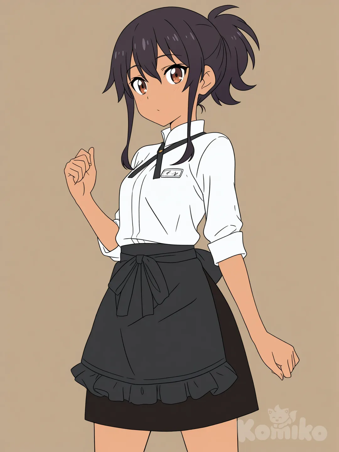 Cabello negro largo medio, piel morena, ojos marrones oscuros, cabello recogido, ropa de cafeteria,  [pop-anime-style]
