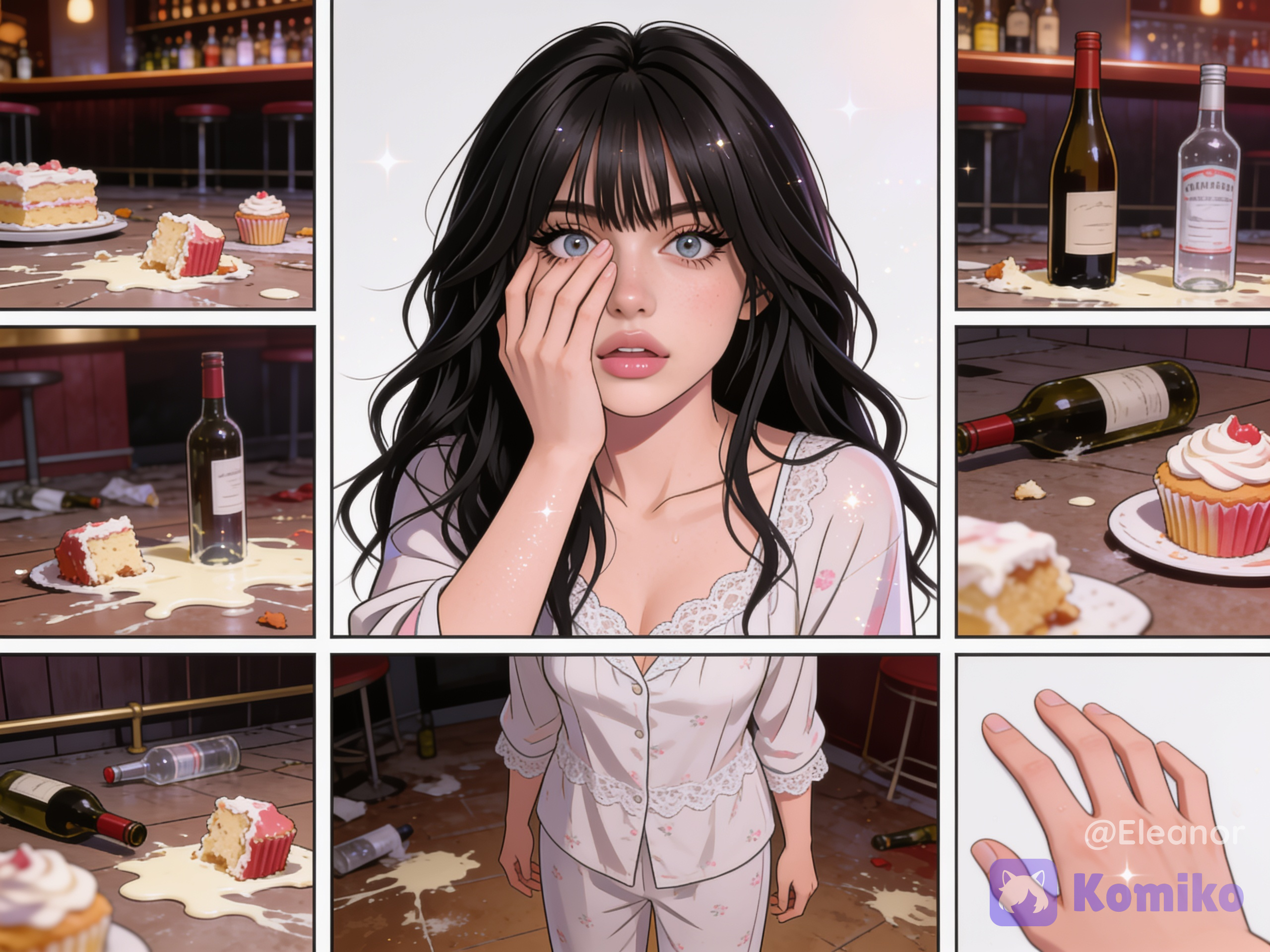 <dominant-panel>, [semi-realistic-portrait-style]@eleanor-tBfY woke up wearing her pajama looking disheveled and messy from sleep she enters the big bar-bakery to see that its so messy and dirty everywhere! Cream on the floor and half eaten cupcakes on the floor, empty wine and vodka bottles everywhere on the floor, she has a shocked expression on her face, her right hand on her face from the shock and her left hand resting on her side, fair skin with visible texture and subtle pink blush across the cheeks, black winged eyeliner and natural lashes, glossy pinkish lips slightly parted, wide eyes, black outer edges directly against her nose and upper lip, soft diffused lighting, shallow depth of field keeping the face, high-resolution detail revealing individual strands of hair, lace texture, warm natural color grading with soft skin tones,with balanced negative space around the face. sparkle, sparkles, glitter, glittery skin, glimmer, upper body