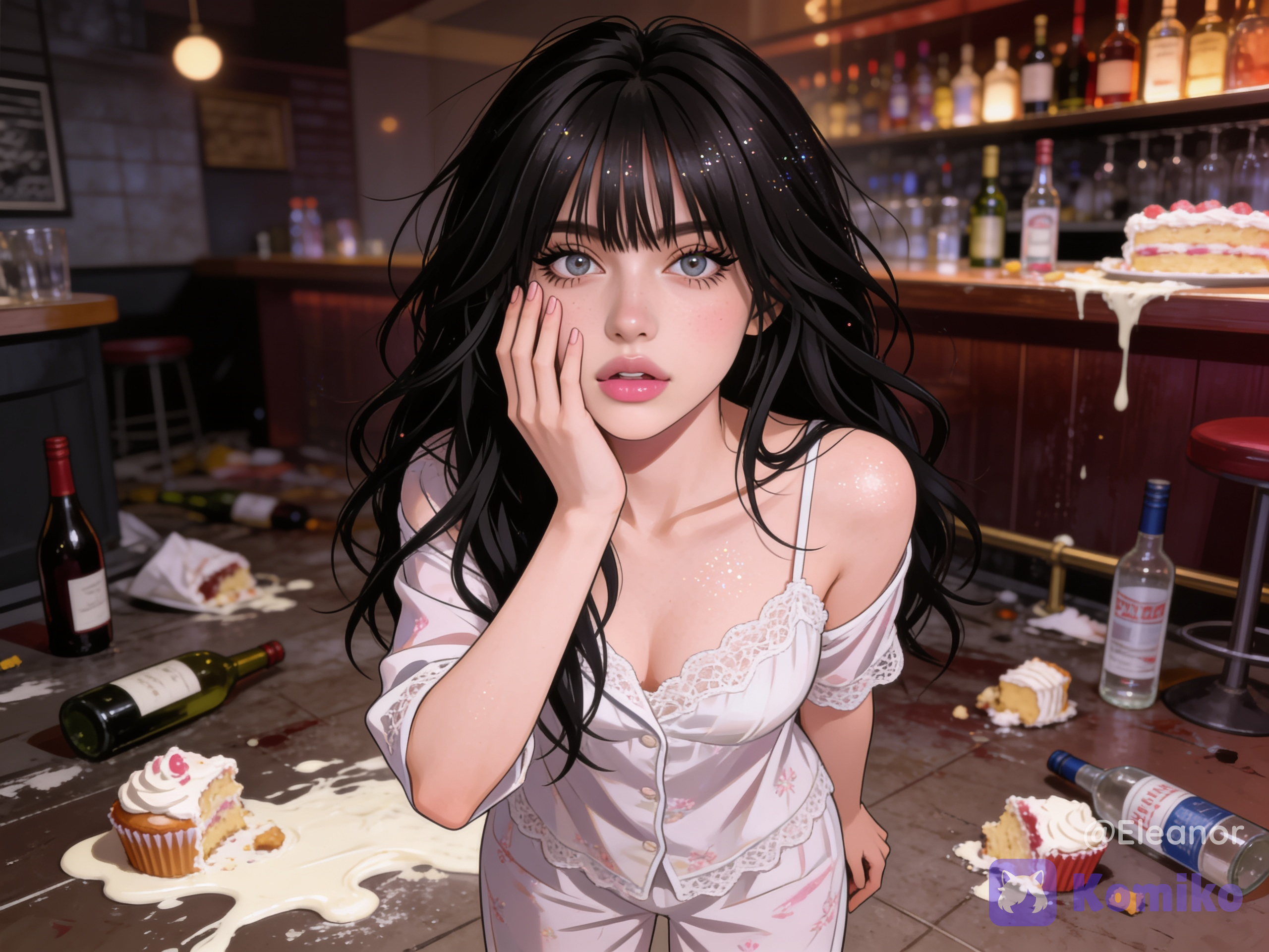 [semi-realistic-portrait-style]@eleanor-tBfY woke up wearing her pajama looking disheveled and messy from sleep she enters the big bar-bakery to see that its so messy and dirty everywhere! Cream on the floor and half eaten cupcakes on the floor, empty wine and vodka bottles everywhere on the floor, she has a shocked expression on her face, her right hand on her face from the shock and her left hand resting on her side, fair skin with visible texture and subtle pink blush across the cheeks, black winged eyeliner and natural lashes, glossy pinkish lips slightly parted, wide eyes, black outer edges directly against her nose and upper lip, soft diffused lighting, shallow depth of field keeping the face, high-resolution detail revealing individual strands of hair, lace texture, warm natural color grading with soft skin tones,with balanced negative space around the face. sparkle, sparkles, glitter, glittery skin, glimmer, upper body